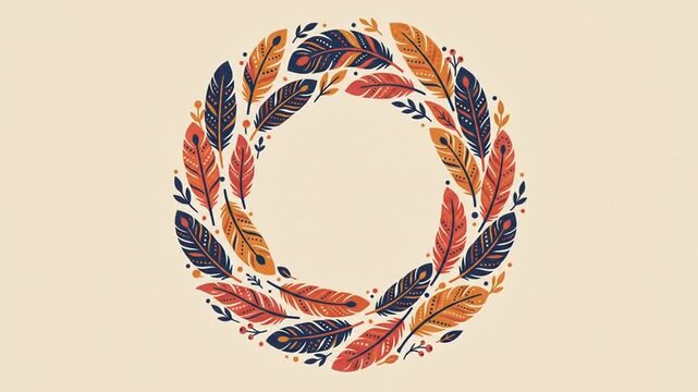 Animated circular wreath made of colorful feathers on beige background