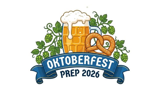 Animated festive beer festival graphic with mug pretzel and blue banner