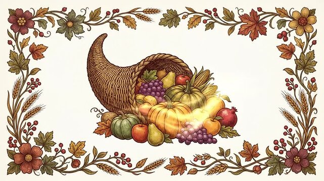 Animated cornucopia horn of plenty filled with autumn harvest fruits