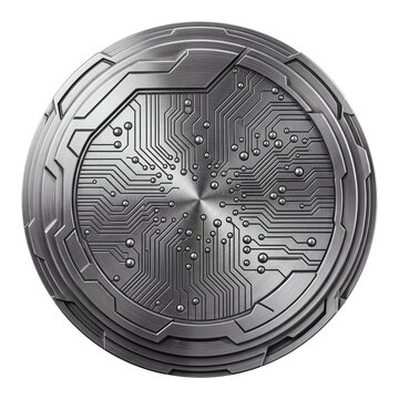 Futuristic circular metal circuit board on transparent background