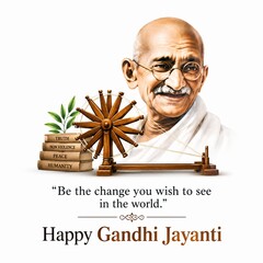 Fototapeta premium Gandhi jayanti greeting card featuring spinning wheel books famous quote inspirational quote national leader freedom fight