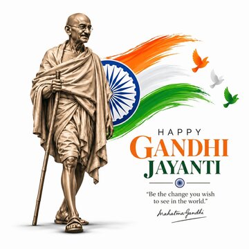 Gandhi jayanti commemorative poster with iconic statue walking and indian flag background walking figure freedom fighter