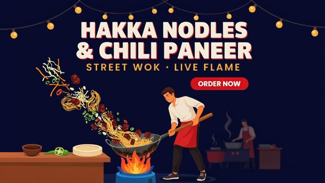 A chef cooking hakka noodles and chili paneer at a street wok