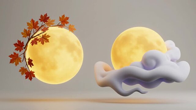 Glowing full moon with autumn maple leaves and floating white cloud