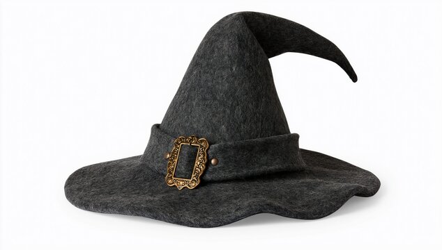 Witch hat with gold buckle for halloween costume and spooky magic fantasy apparel accessory on white background