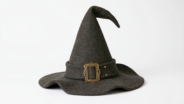 Witch hat with metallic buckle for halloween costume or wizard magic sorceress fashion accessory in dark green felt