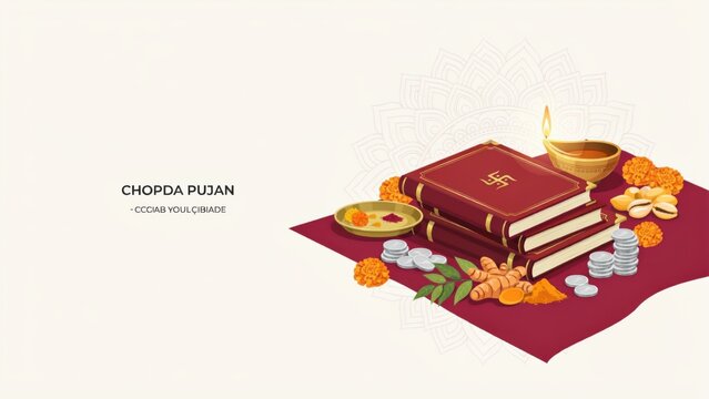 Chopda Pujan ritual with account books and offerings for Diwali business new year celebration vector