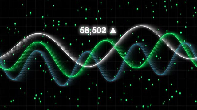 Futuristic financial data visualization with glowing green and white sine waves, digital stock market ticker showing 58,502 value, abstract cyber security and fintech motion graphics. High