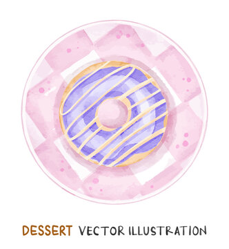 Watercolor purple donut on a pink plate. Vector food illustration.