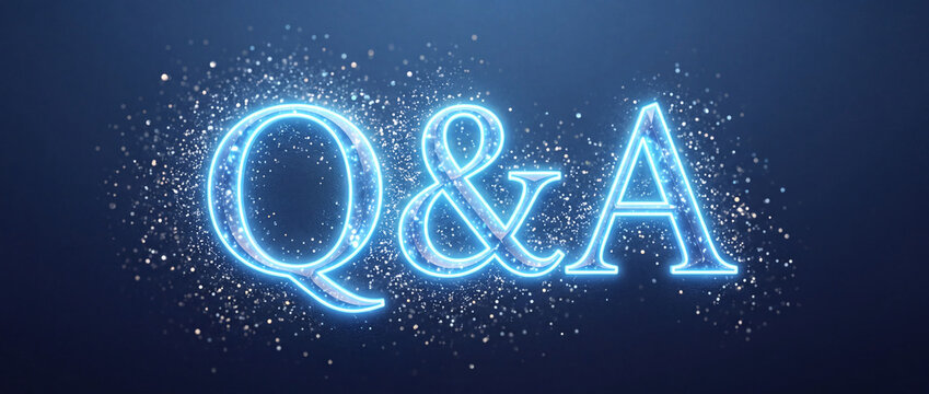 Glowing Neon Blue Q&A Text with Sparkling Particles on Dark Blue Gradient Background