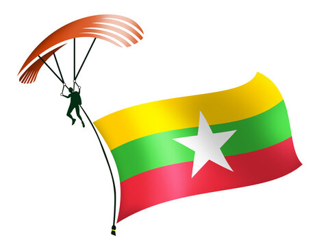 A skydiver, A paratrooper, A parachutist carrying a flag of Myanmar