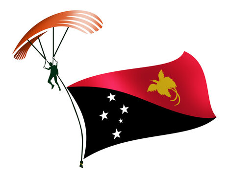 A skydiver, A paratrooper, A parachutist carrying a flag of Papua New Guinea