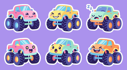 Colorful monster truck set featuring six unique cute characters with expressive faces and bright pastel colors in flat vector graphic style © AhmadMuslih