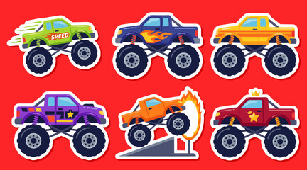 Colorful monster truck sticker set featuring various powerful offroad vehicles performing daring stunts in a fun cartoon flat vector style © AhmadMuslih