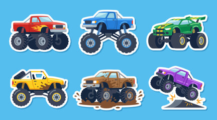 Colorful monster truck set featuring various vibrant designs and rugged offroad vehicle models in a professional flat vector graphic style © AhmadMuslih