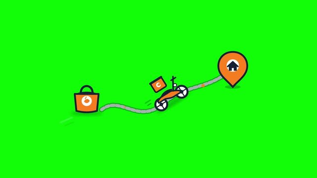 Delivery motorcycle with food package traveling on green screen background as motion animation for logistics and online ordering system concept