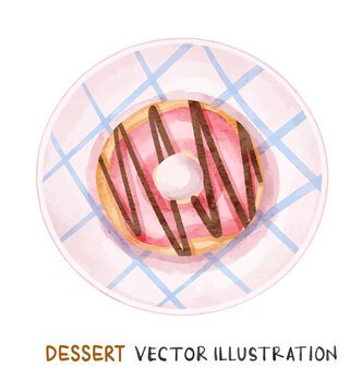 Watercolor strawberry donut on plate. Vector food illustration.