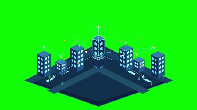 Isometric smart city digital communication network motion animation showing connected buildings with glowing data transfer lines on green screen background