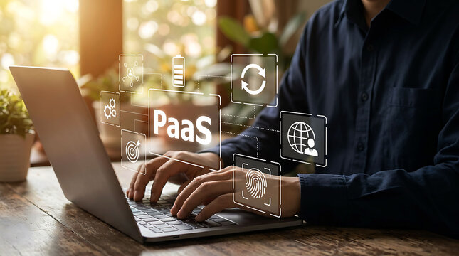 Developer working on laptop with virtual PaaS cloud computing interface graphics