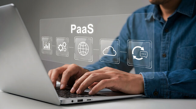Developer typing on laptop with glowing PaaS cloud computing platform interface