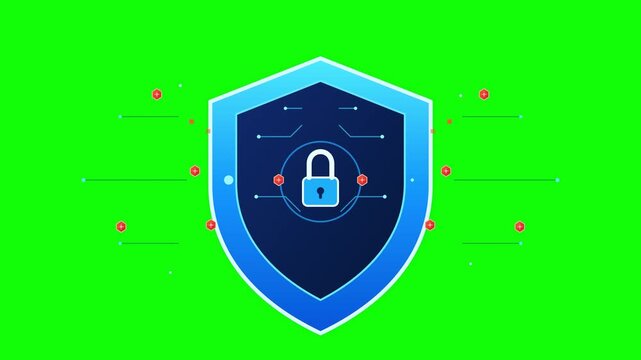 Digital security shield icon animation displaying cyber protection metrics and online data privacy protocols within a high quality motion graphic video