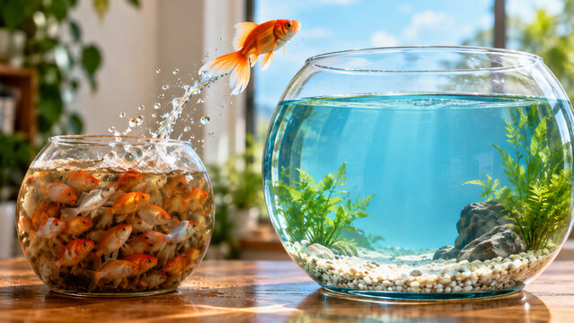 Goldfish leaping from an overcrowded bowl into a bigger bowl, enhanced motion