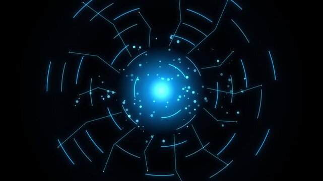 Futuristic digital HUD interface with glowing blue energy core, high-tech circular data visualization elements, abstract sci-fi motion graphics for technology and science presentations. High