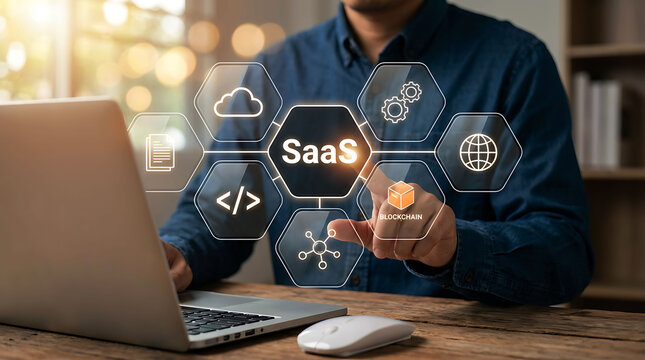 Software as a Service concept with digital SaaS interface and laptop computer