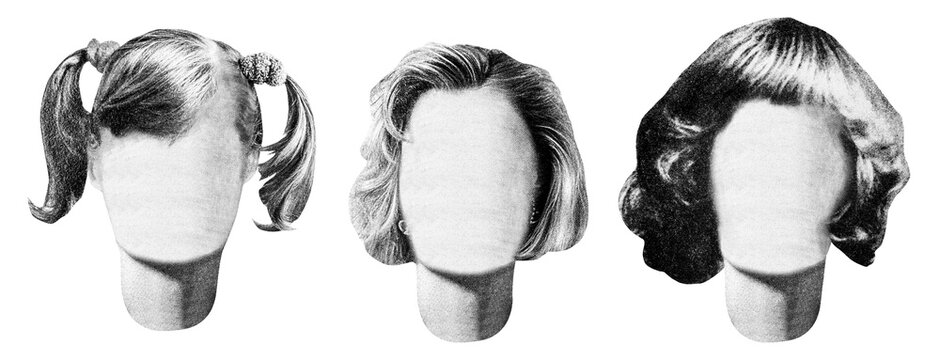 Isolated photo of newspaper textured female mannequin semi-long hairstyles. Paper collage or identikit clipart.