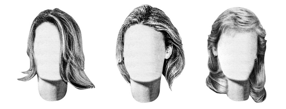 Isolated photo of newspaper textured female mannequin long hairstyles. Paper collage or identikit clipart.