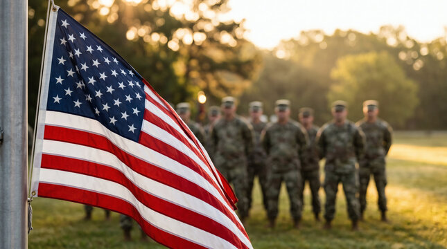 American Flag With Military Soldiers Standing In Formation During Outdoor Ceremony