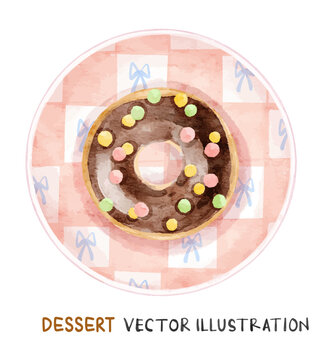 Watercolor chocolate donut with sprinkles on plate. Vector food illustration.
