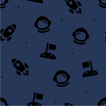 space rocket and astronaut helmet seamless pattern on deep navy background