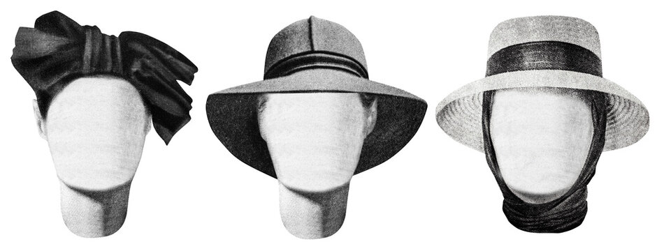 Isolated photo of newspaper textured female mannequin hairstyles with hats. Paper collage or identikit clipart.