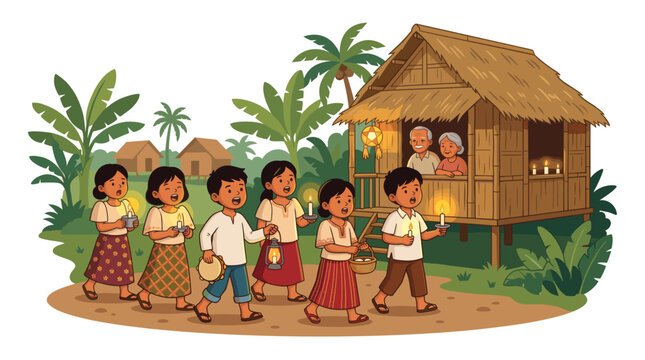 Filipino Children Singing Christmas Carols In Front Of Nipa Hut