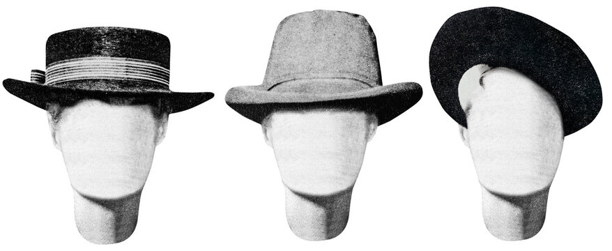 Isolated photo of newspaper textured female mannequin hairstyles with various hats. Paper collage or identikit clipart.