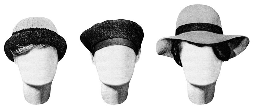 Isolated photo of newspaper textured female mannequin hairstyles with beret,caps and hats. Paper collage or identikit clipart.