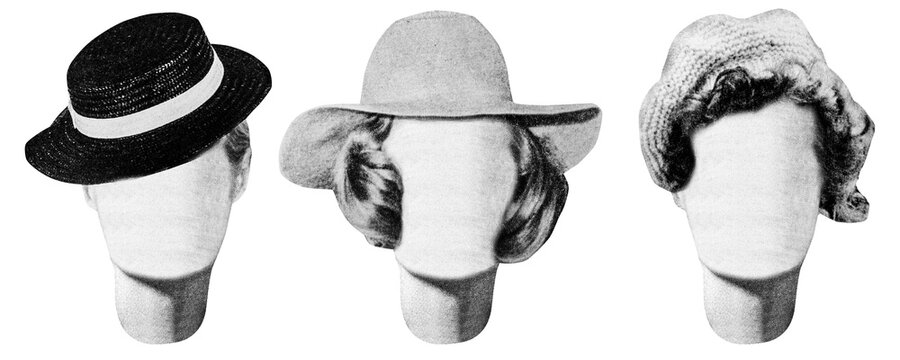 Isolated photo of newspaper textured female mannequin hairstyles with various hats. Paper collage or identikit clipart.