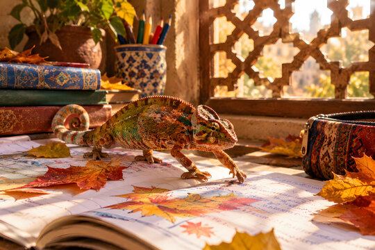 Chameleon Climbing Across Colorful School Notebook Pages