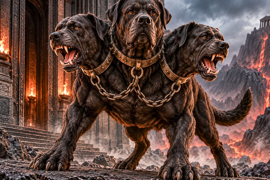 Cerberus Three-Headed Guardian Hound at the Gates of the Greek Underworld