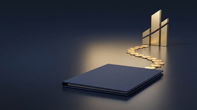 A dark navy blue leather folder connected by a path of gold coins to a rising golden bar chart representing wealth building and financial success.