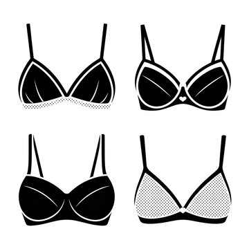 Set of four black and white brassiere icons representing different styles of women lingerie