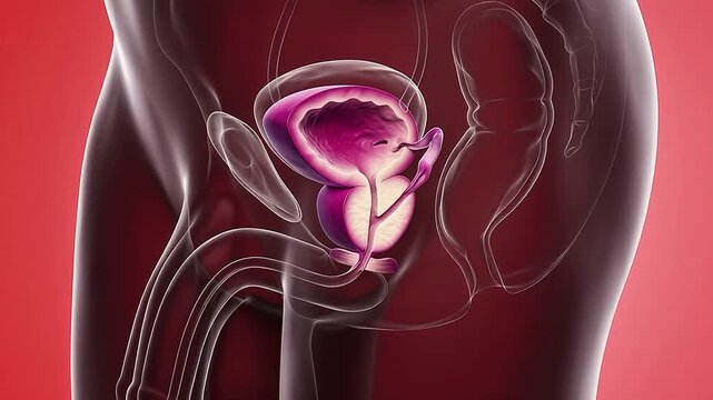 Medical 3D illustration of the male pelvic region showing a cross-section of the bladder, prostate gland, and urethra for anatomical study.