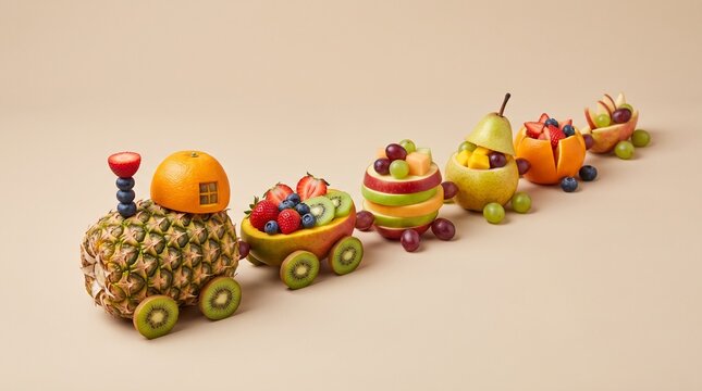 A sophisticated imaginary train formed entirely from colorful fresh fruits on a clean beige backdrop.