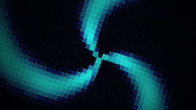 Abstract glowing turquoise pixel grid swirling in a dark digital vortex