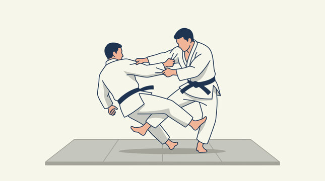 Minimalist flat vector illustration of two judo athletes wearing white gi and black belts practicing a throwing technique on a tatami mat. Professional martial arts training and combat sports concept.