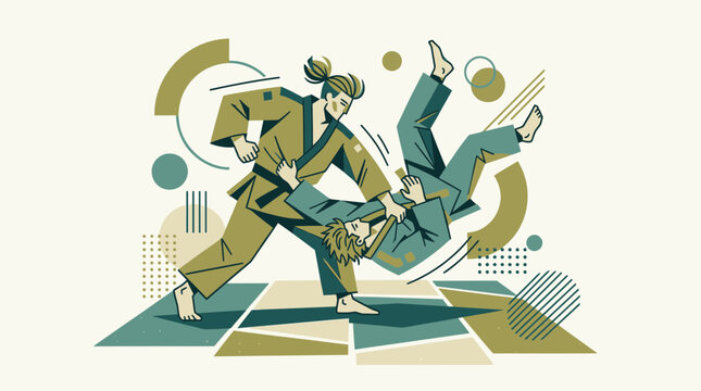 Flat Vector Illustration of Two Martial Artists Practicing Judo, Dynamic Throw Technique Action in a Modern Quirky Geometric Art Style, Athletes Wearing Gi Training Combat Sports and Grappling
