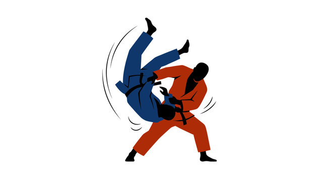Flat vector illustration of two judo athletes performing a dynamic throw technique, simplified silhouette of martial artists in blue and orange uniforms training on a clean white background.