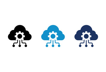 Obraz premium Cloud computing technology icons with gear and circuit board connections in three colors.