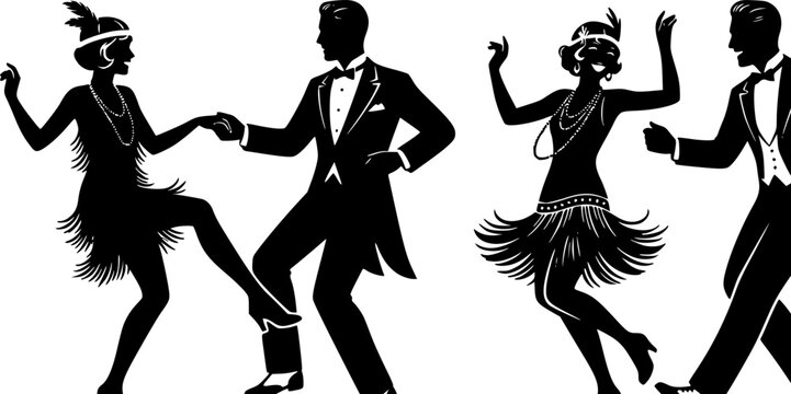 Minimalist vector silhouettes of two couples dancing in 1920s fashion. This high-contrast black design features flapper dresses and formal tuxedos, capturing the energy of the Jazz ...